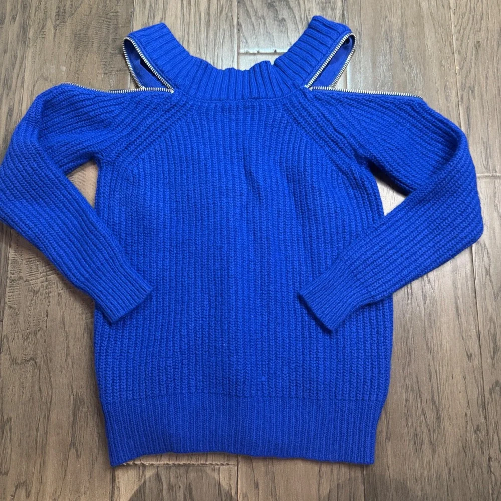 Michael Kors Cold Shoulder Zip‎ Neck Sweater Blue Ribbed Knit Size S